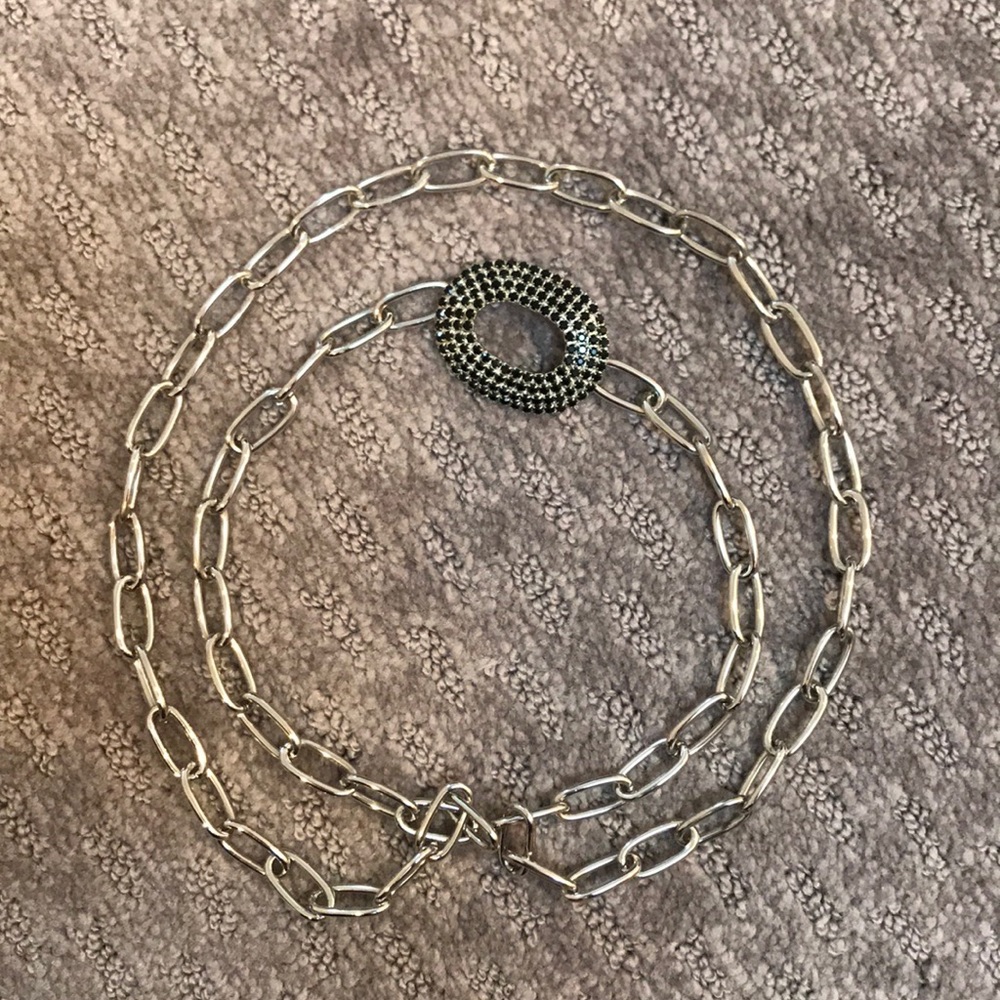 Silver Chain Link Belt with Crystal Pendant Statement Accessory